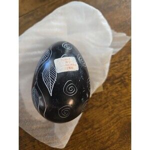 Hand Carved African Soapstone Black Egg Made In Kenya Leaf And Swirl Designs